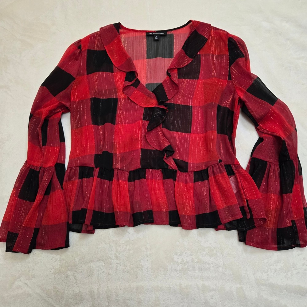INC International Concepts Red Black Plaid Metallic Ruffle Peplum Blouse Large